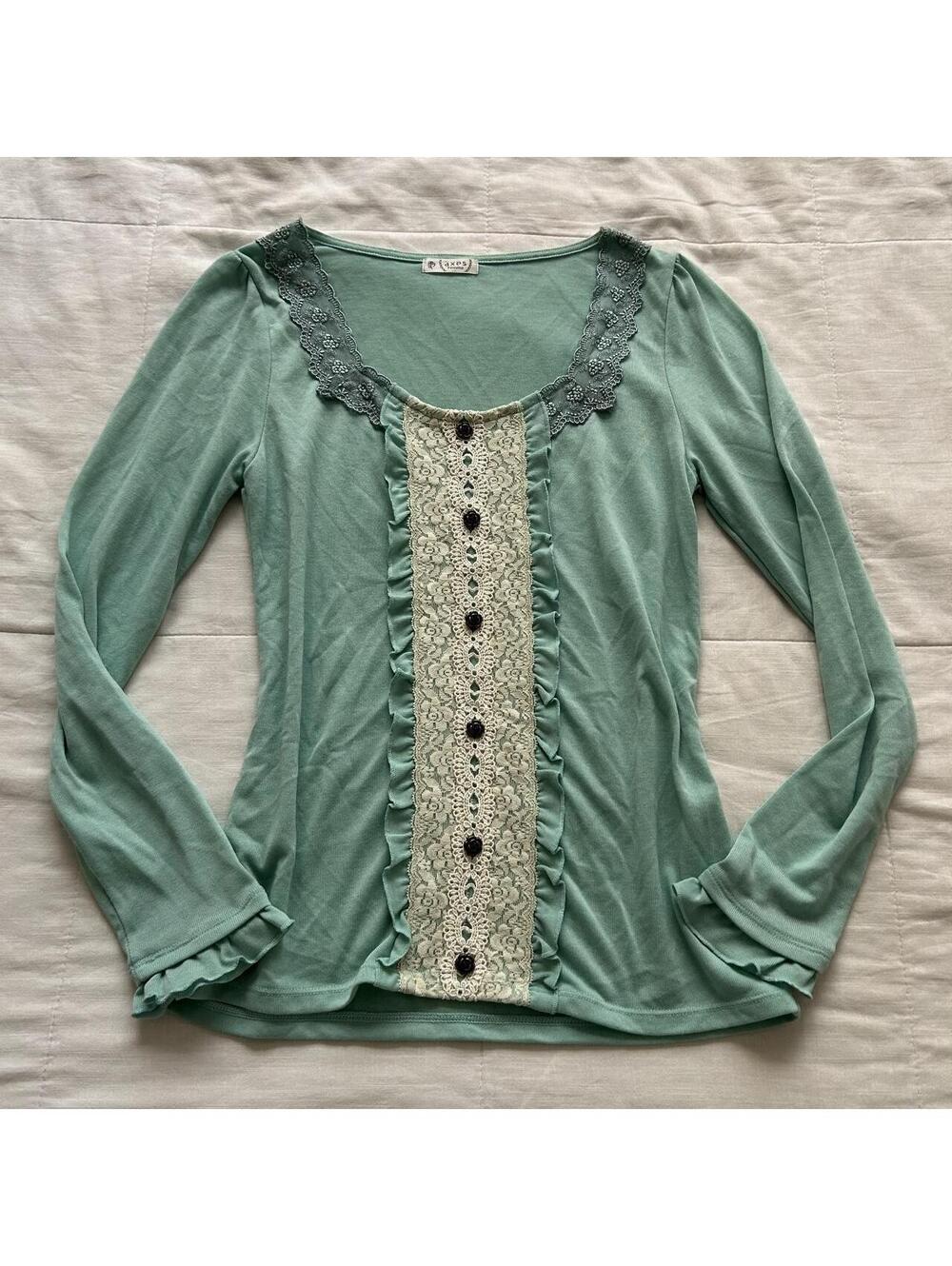 Axes Femme Mint Teal Green Lace Ruffle Long Sleeve Top Medium Japan